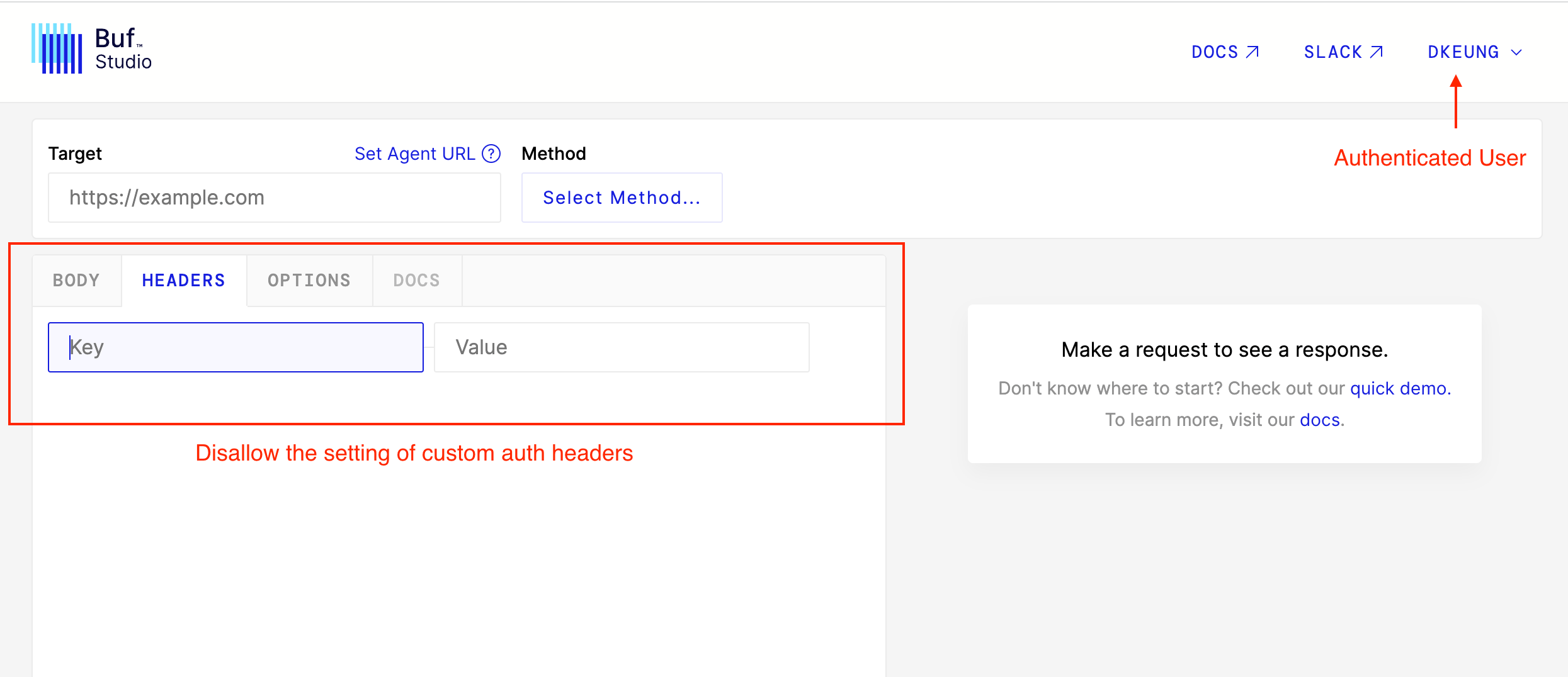 show authenticated user in Buf Studio and disallow auth headers