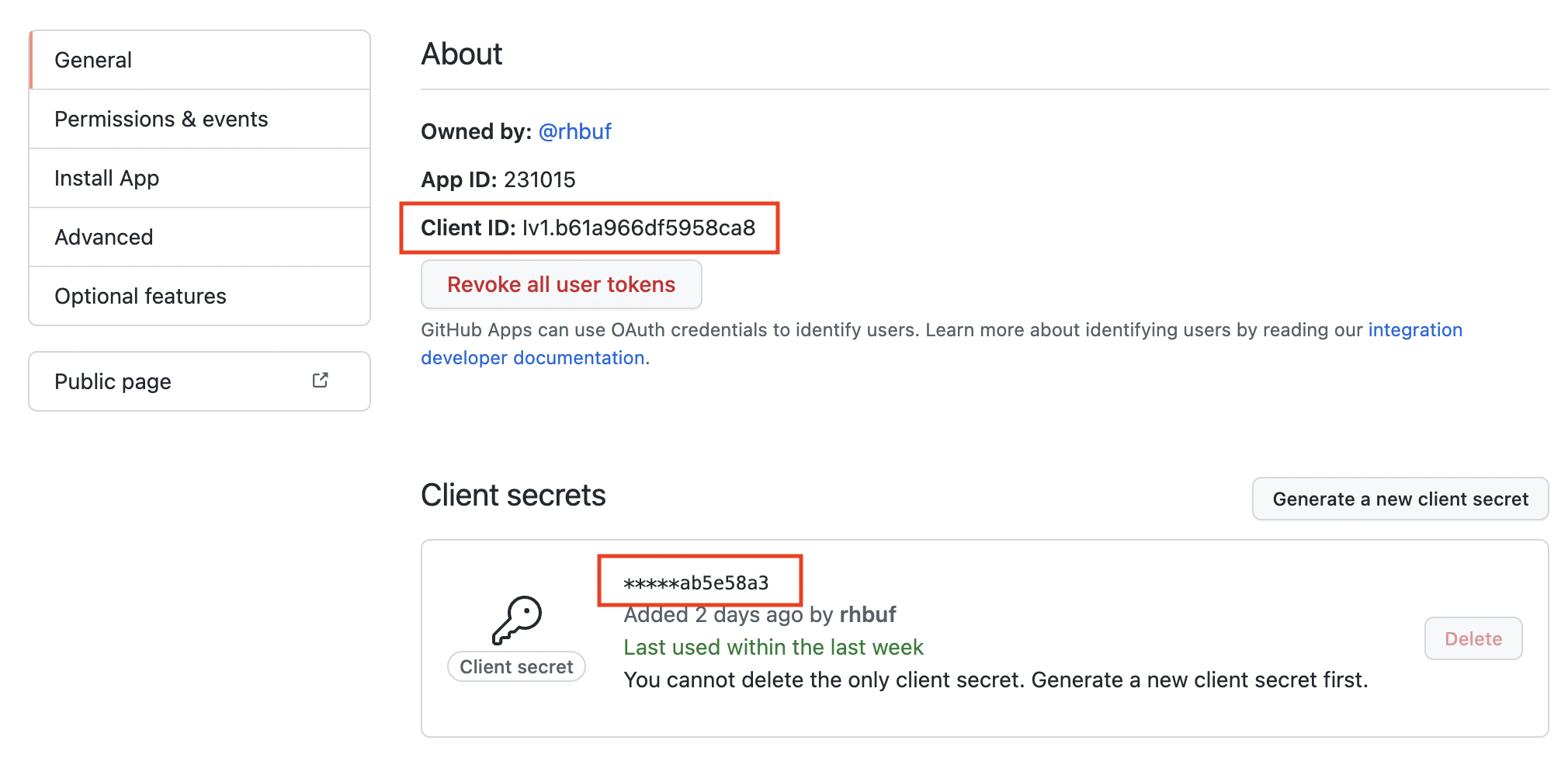 Screen shot of GitHub app configuration