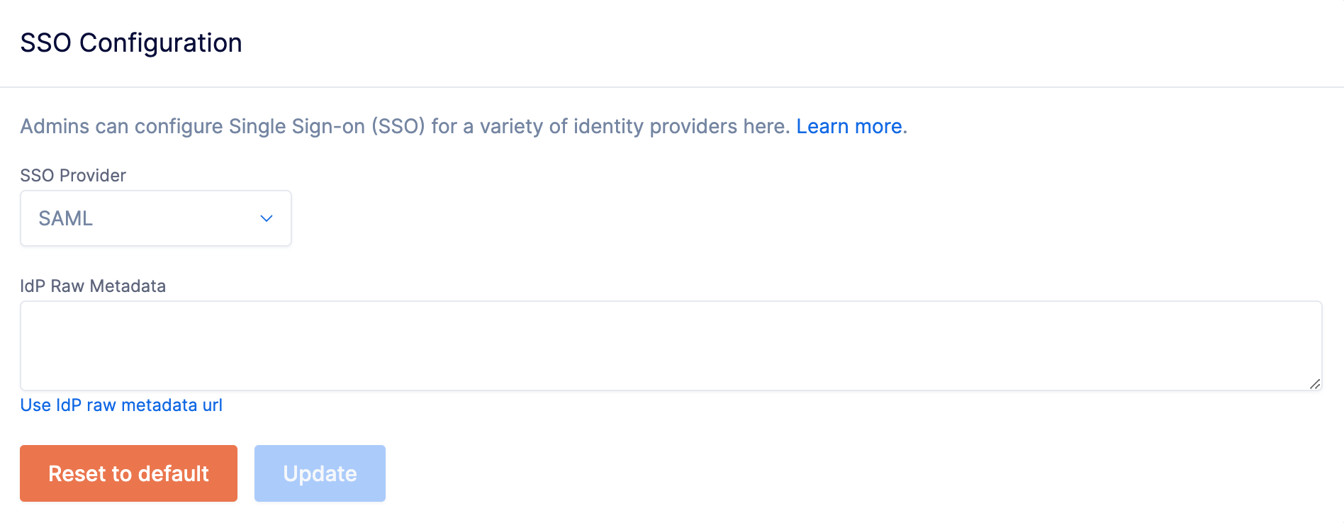 IdP metadata text entry box