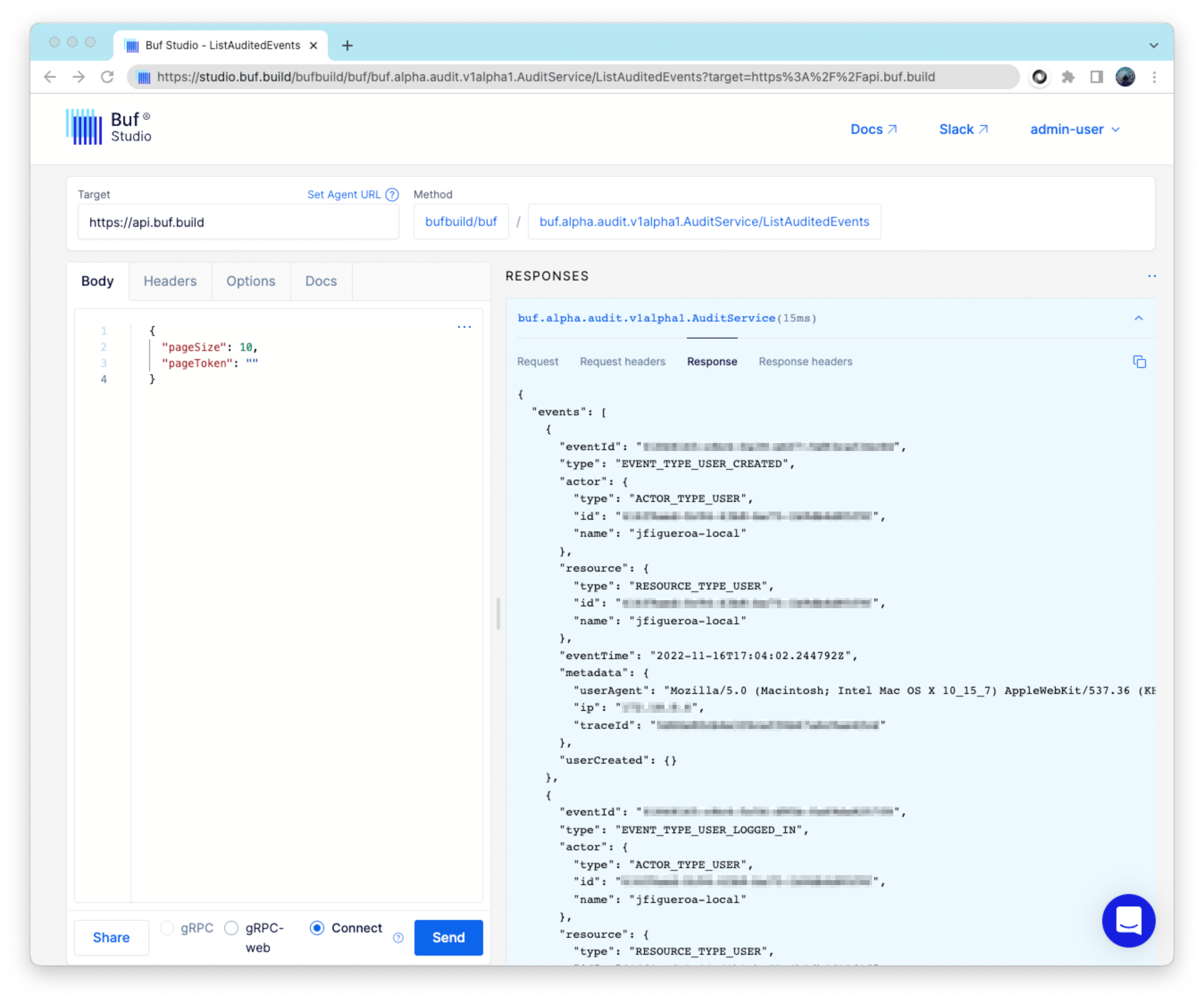 Listing Audit Events using Buf Studio