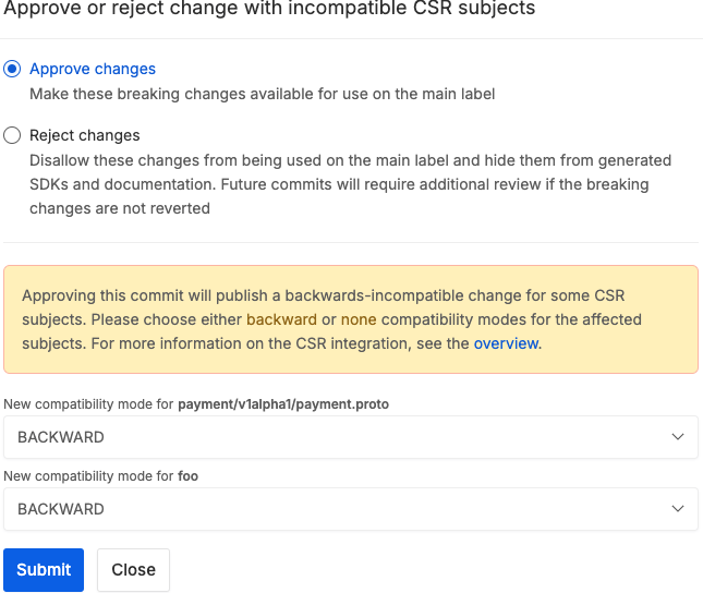 Screenshot of CSR resolution options in review flow
