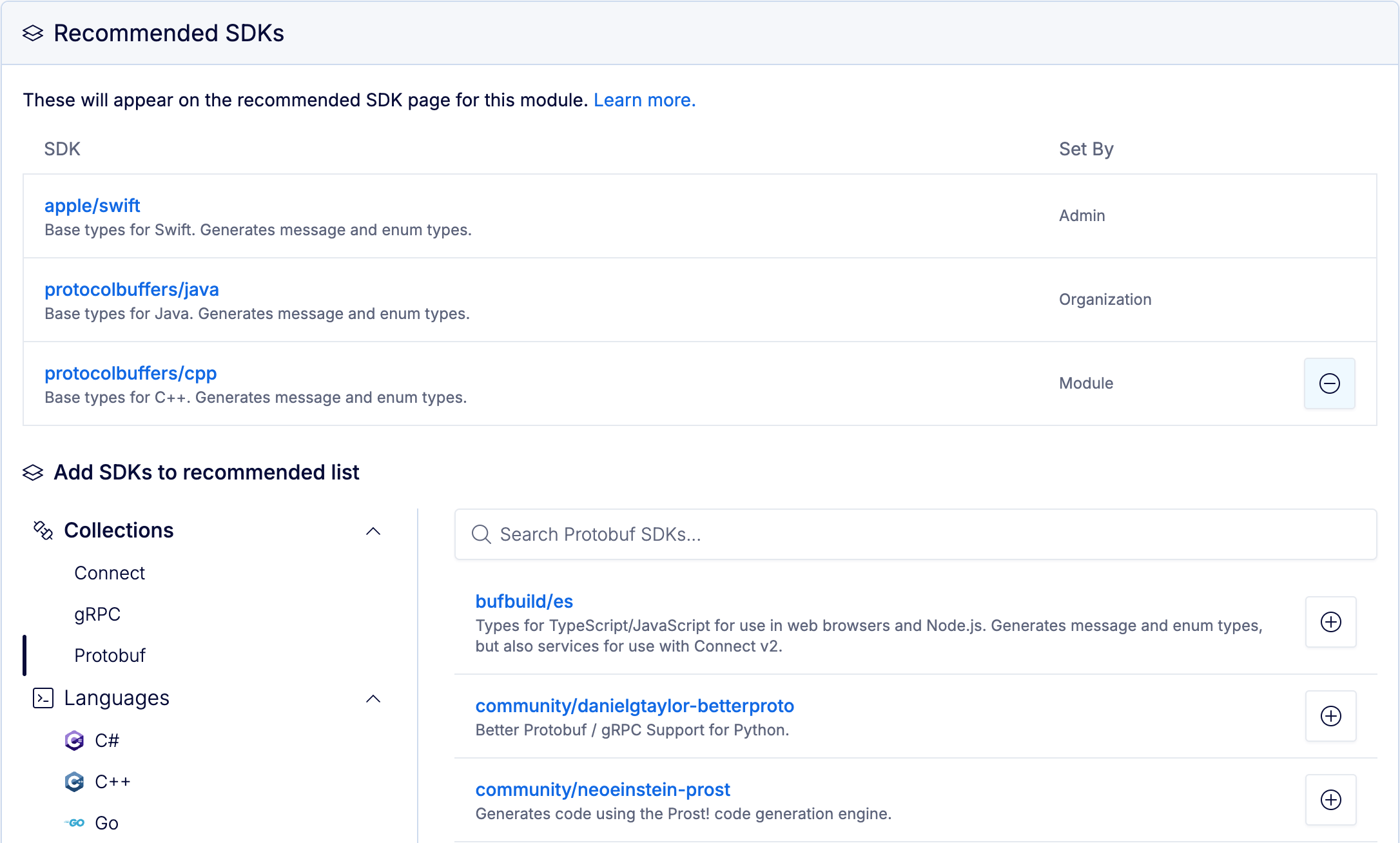 Screenshot of admin screen showing three recommended SDKs