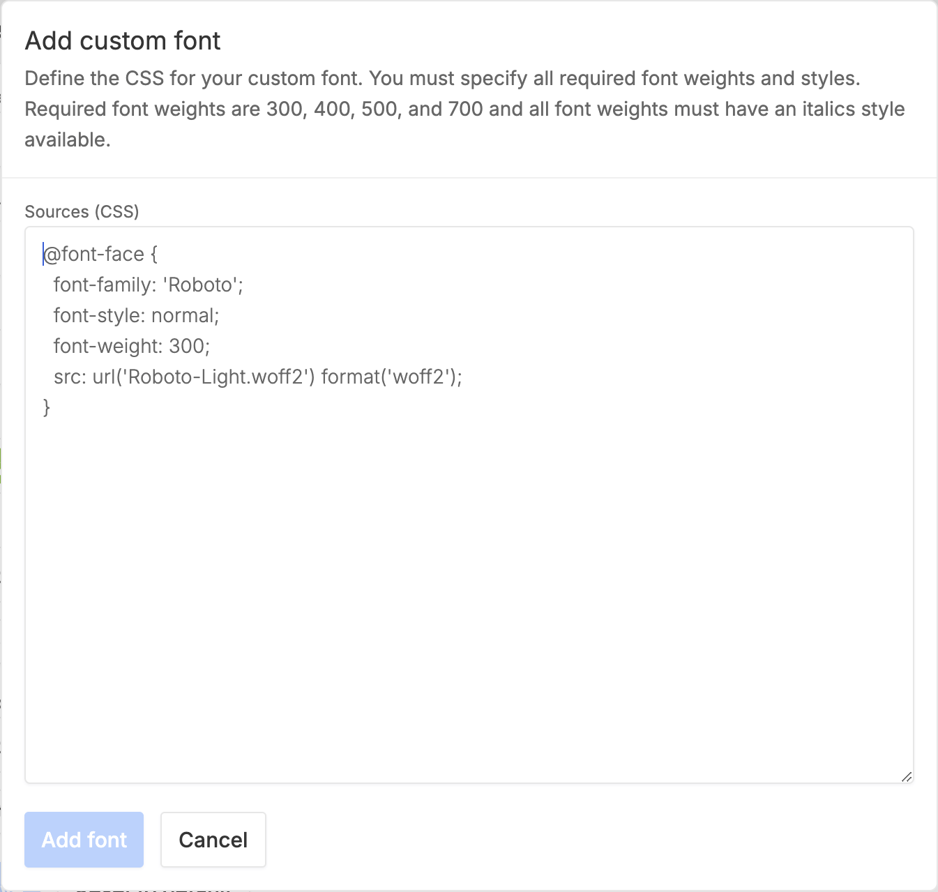 Screenshot of custom font panel
