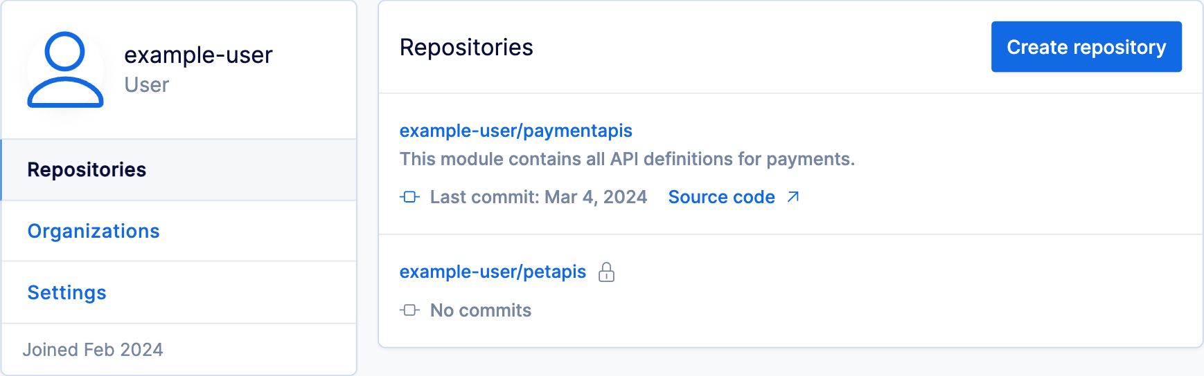 Screenshot of user dashboard with list of their repos
